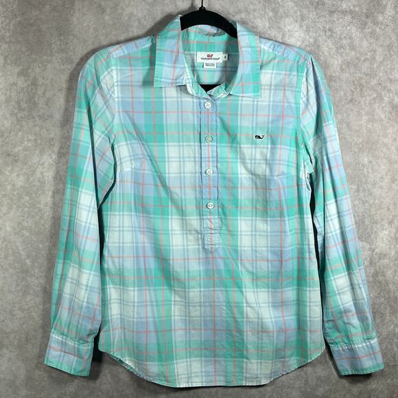 Vineyard Vines Shirt Womens 6‎ Green White Plaid Button Up Long Sleeves Preppy - Picture 1 of 9
